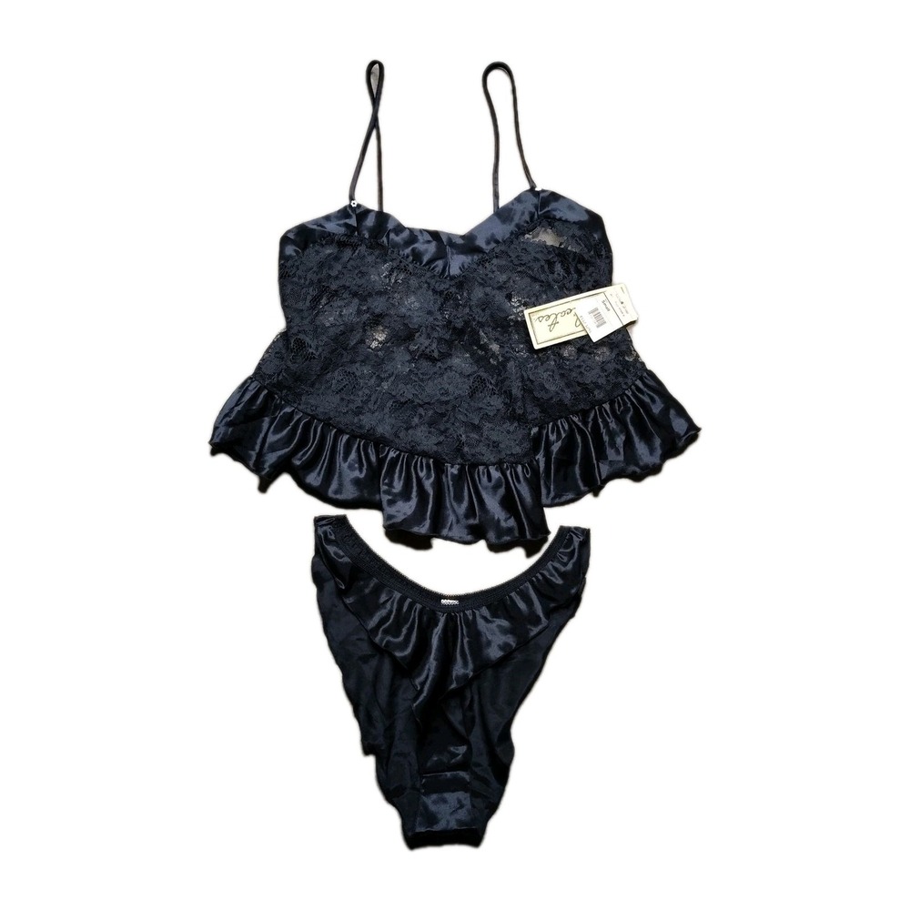 Delicates Lingerie Set‎ Womens Small Black Vintage Lace Ruffle Camisole Panty